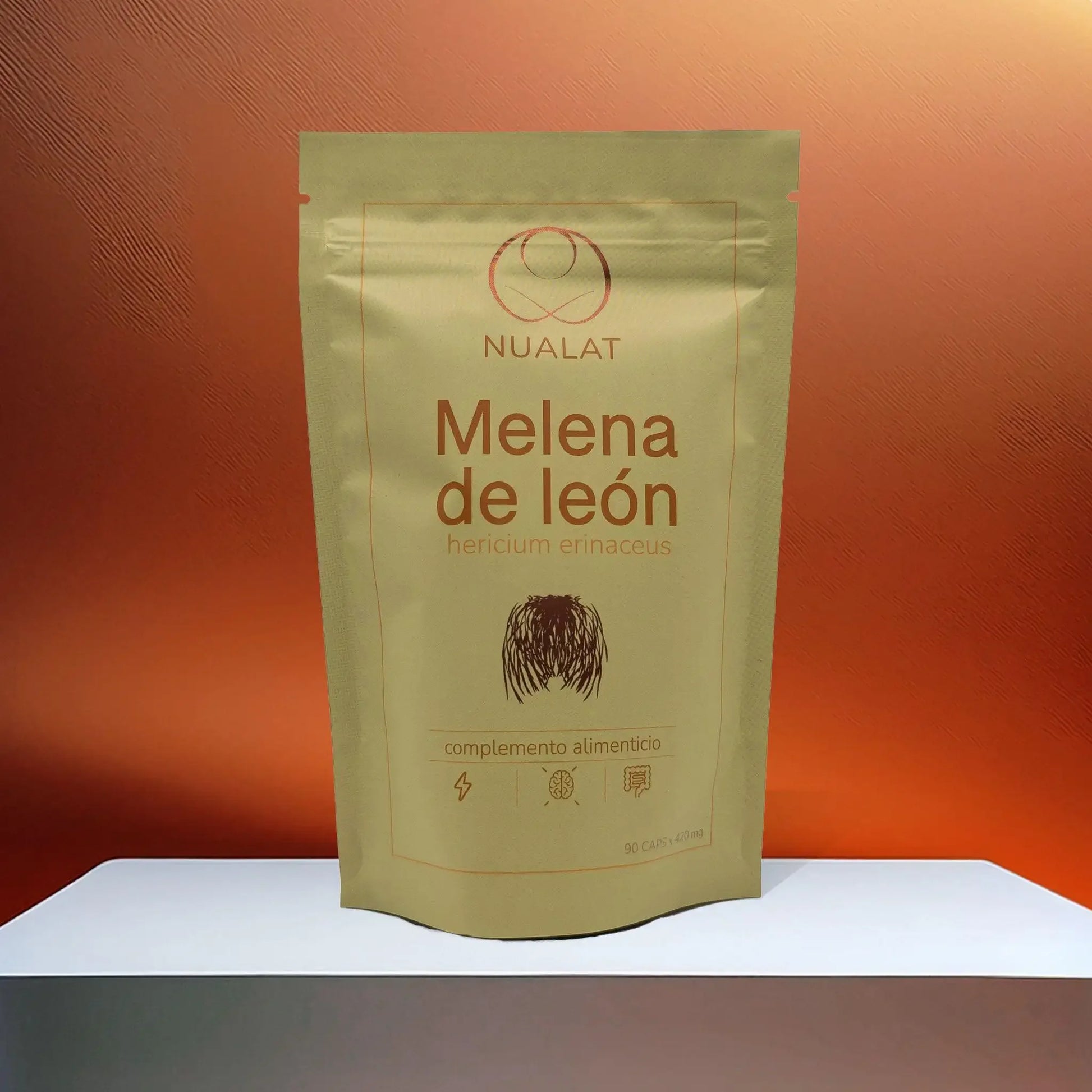 Envase frontal del extracto de Melena de León NUALAT, suplemento natural para memoria y concentración.