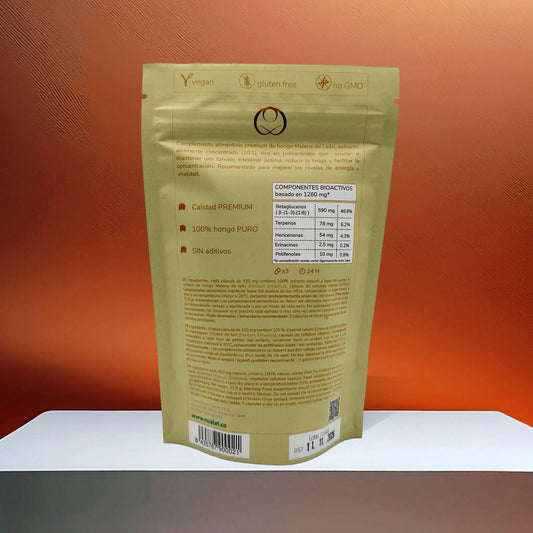 Parte posterior del envase del extracto de Melena de León NUALAT con datos nutricionales y bioactivos.