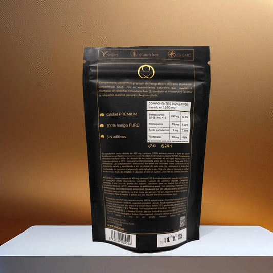 Parte trasera del envase de Extracto de Reishi NUALAT mostrando ingredientes, componentes bioactivos y certificaciones de calidad premium.