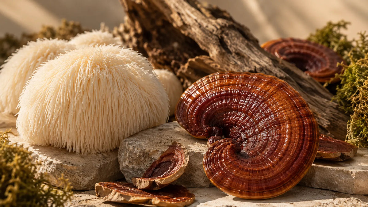 Hongos Reishi y Melena de León en una composición natural para representar la calidad de los extractos NUALAT