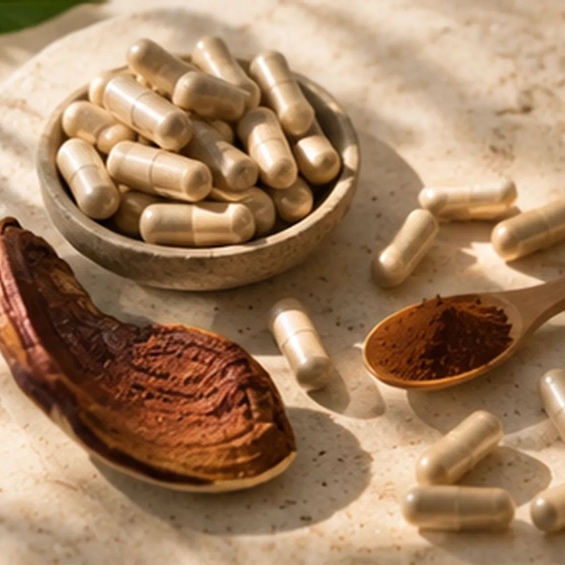 Cápsulas de Reishi NUALAT junto a polvo de hongo funcional en una composición natural