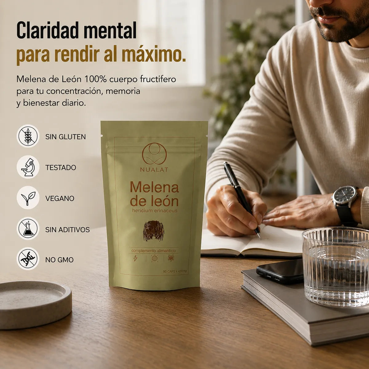 Pouch de Melena de León NUALAT en una escena de trabajo y bienestar diario