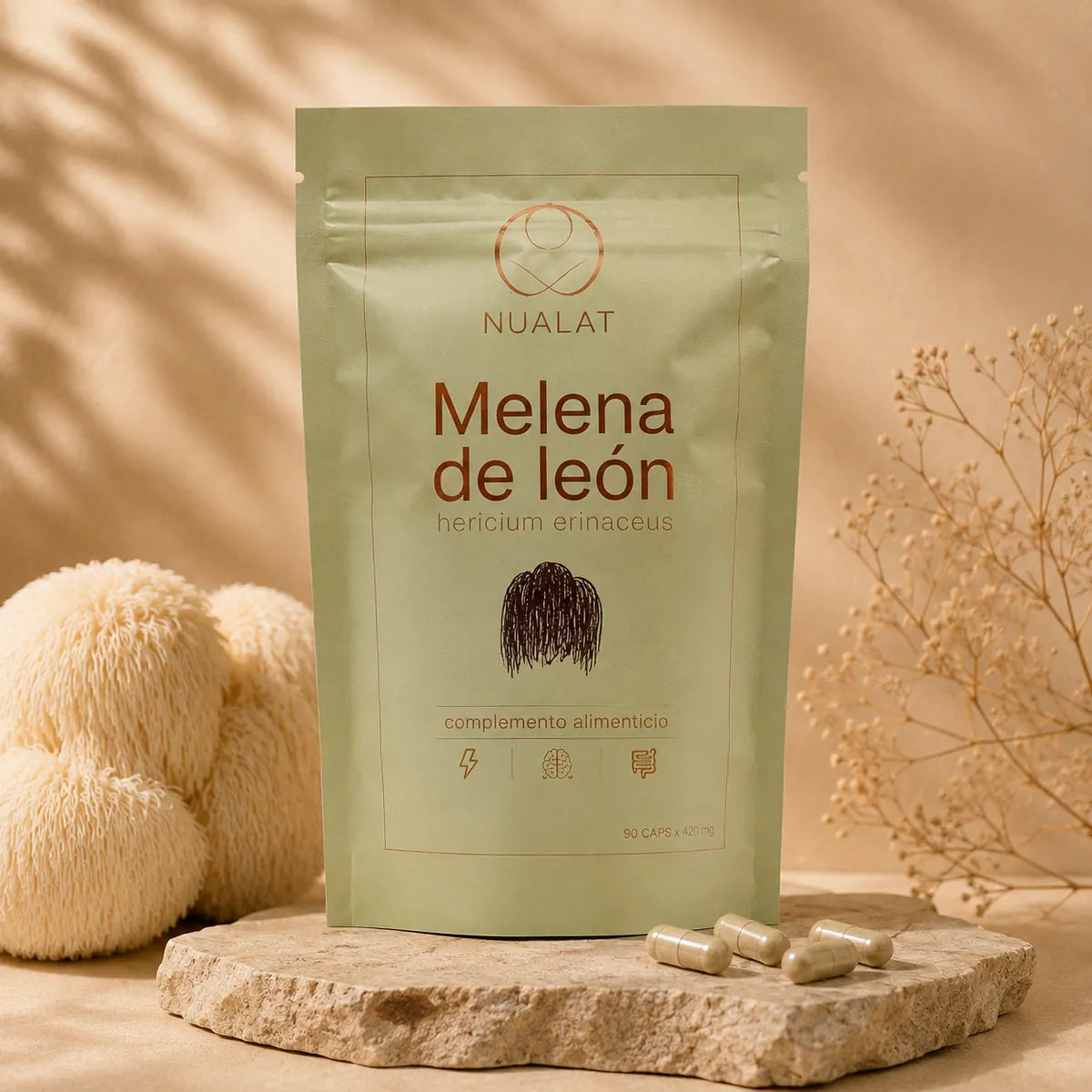 Pouch de extracto de Melena de León NUALAT Hericium erinaceus con 90 cápsulas vegetales