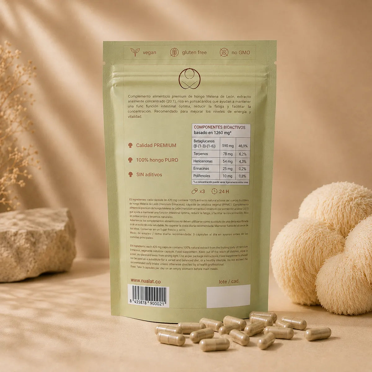 Reverso del pouch de Melena de León NUALAT con composición, ingredientes e información del producto