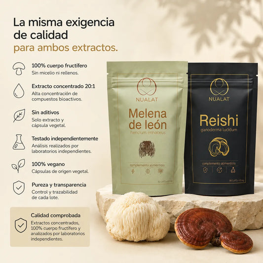 Pouches de Reishi y Melena de León NUALAT elaborados con cuerpo fructífero