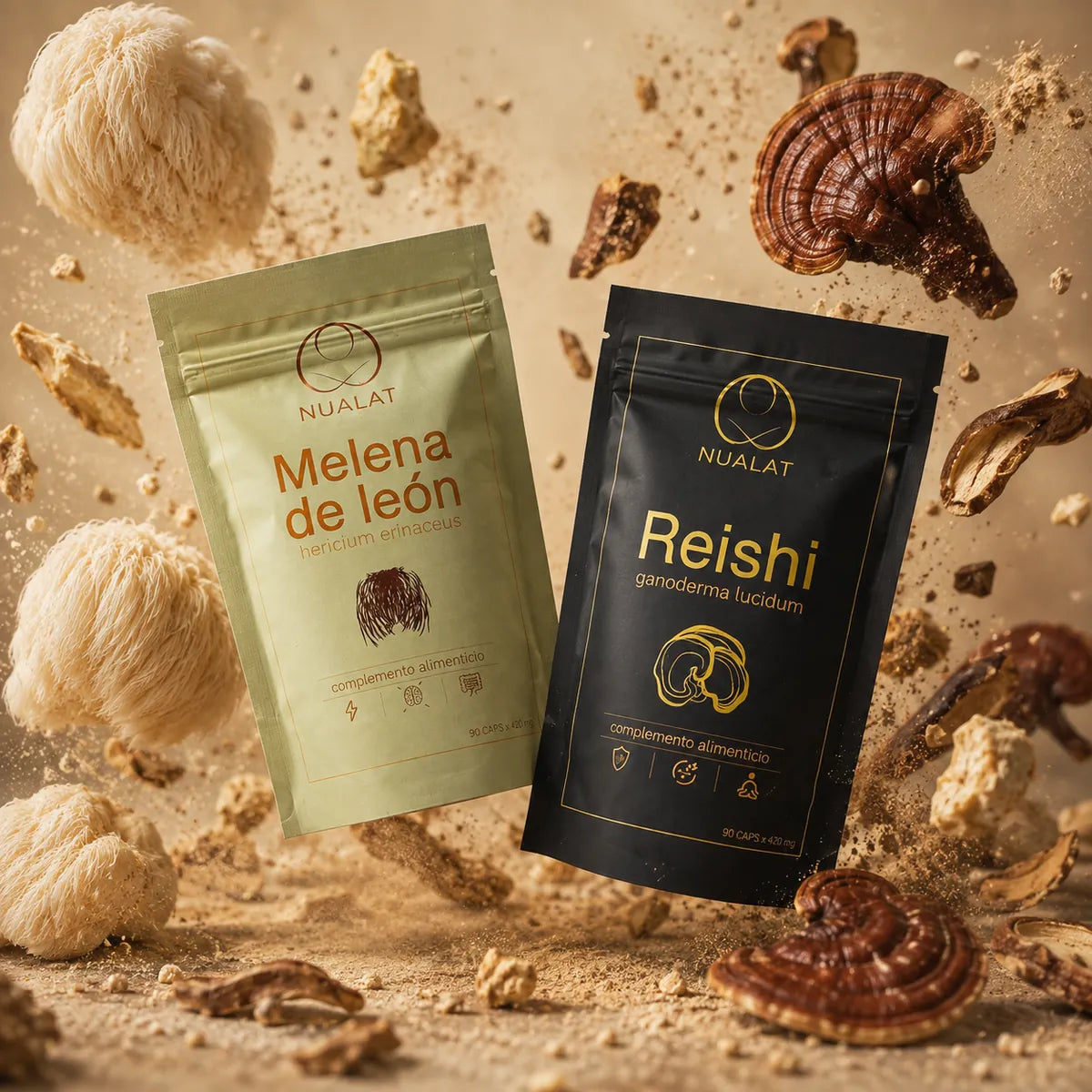 Pack NUALAT con pouches de Reishi y Melena de León junto a ambos hongos