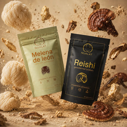 Pack NUALAT con pouches de Reishi y Melena de León junto a ambos hongos