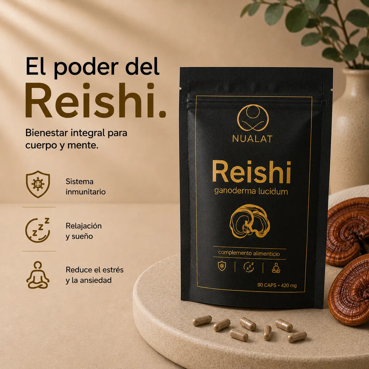 Pouch y cápsulas de Reishi NUALAT en una rutina diaria de bienestar