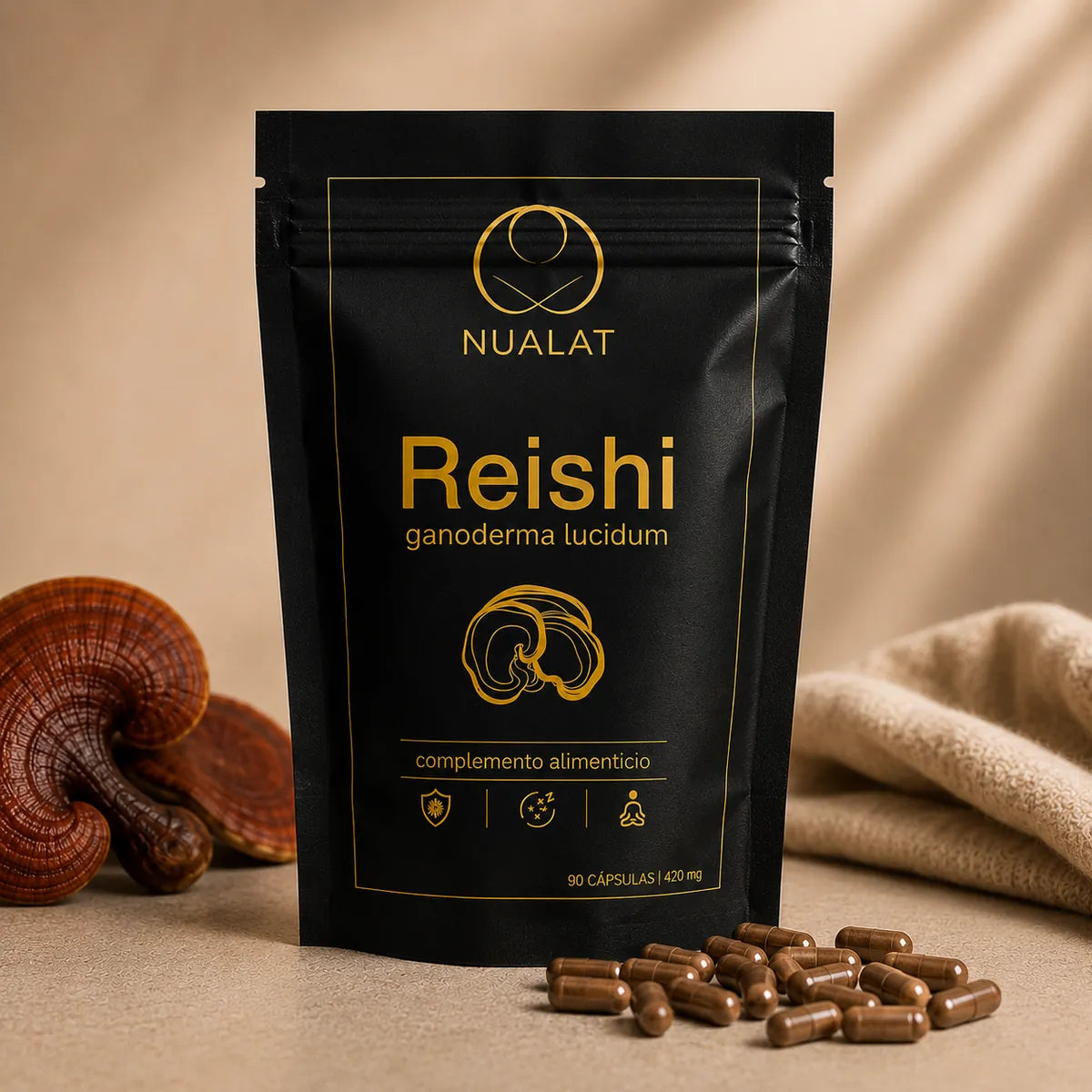 Pouch de extracto de Reishi NUALAT Ganoderma lucidum con 90 cápsulas vegetales