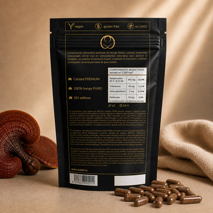 KBReverso del pouch de Reishi NUALAT con composición, ingredientes e información del producto