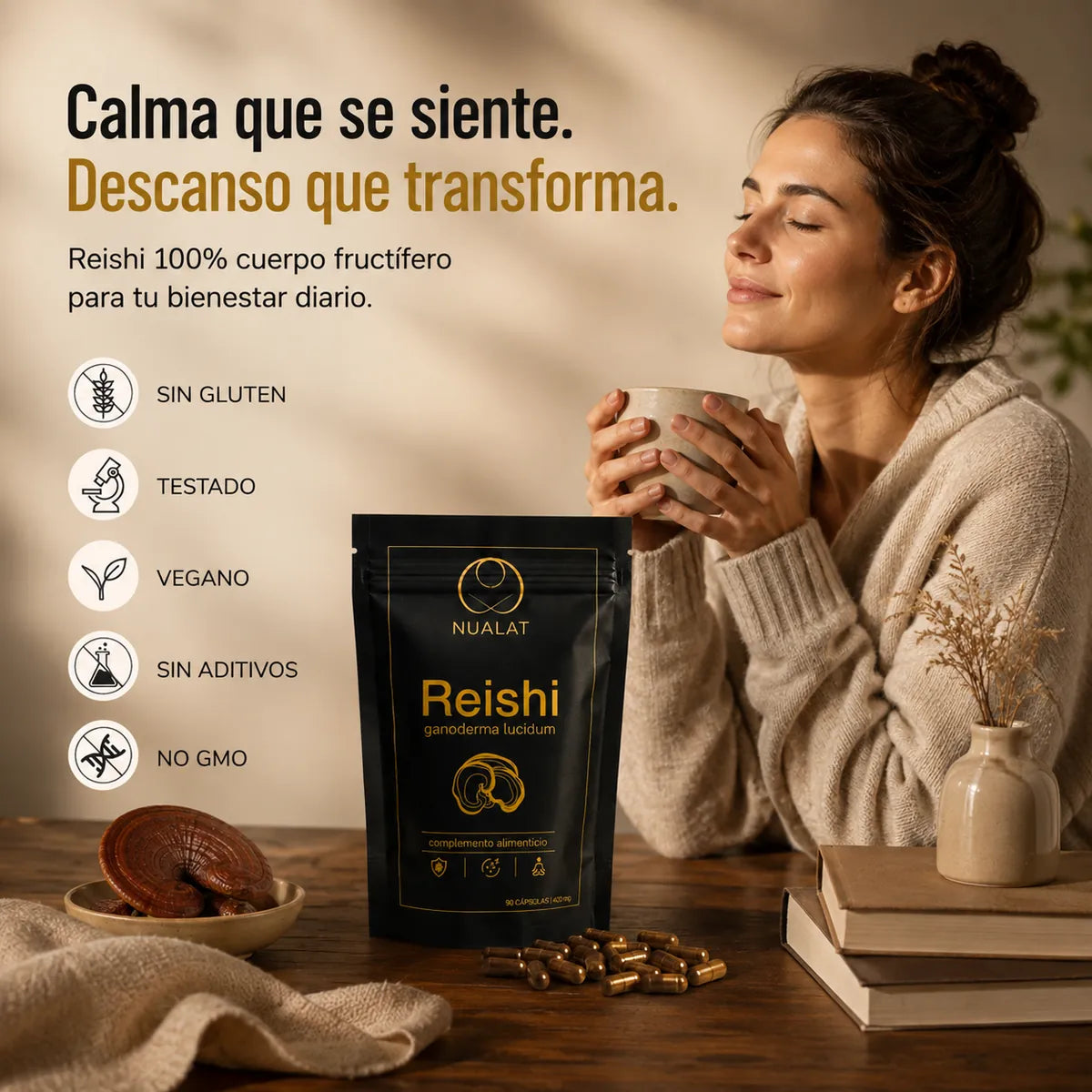 ouch y cápsulas de Reishi NUALAT en una rutina diaria de bienestar